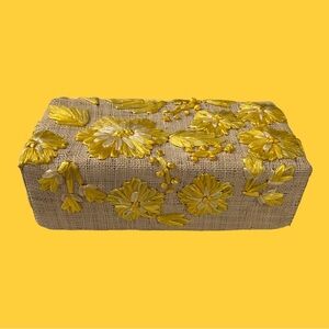 Vintage 1960s Floral Straw Woven Trinket Box Boho Yellow Flowers 60s